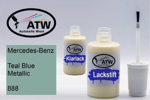 Mercedes-Benz, Teal Blue Metallic, 888: 20ml Lackstift + 20ml Klarlack - Set, von ATW Autoteile West.